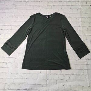 Karl Lagerfeld Paris Scoop Neck Top 3/4 Embroidered Sleeves Olive Green XS NWT